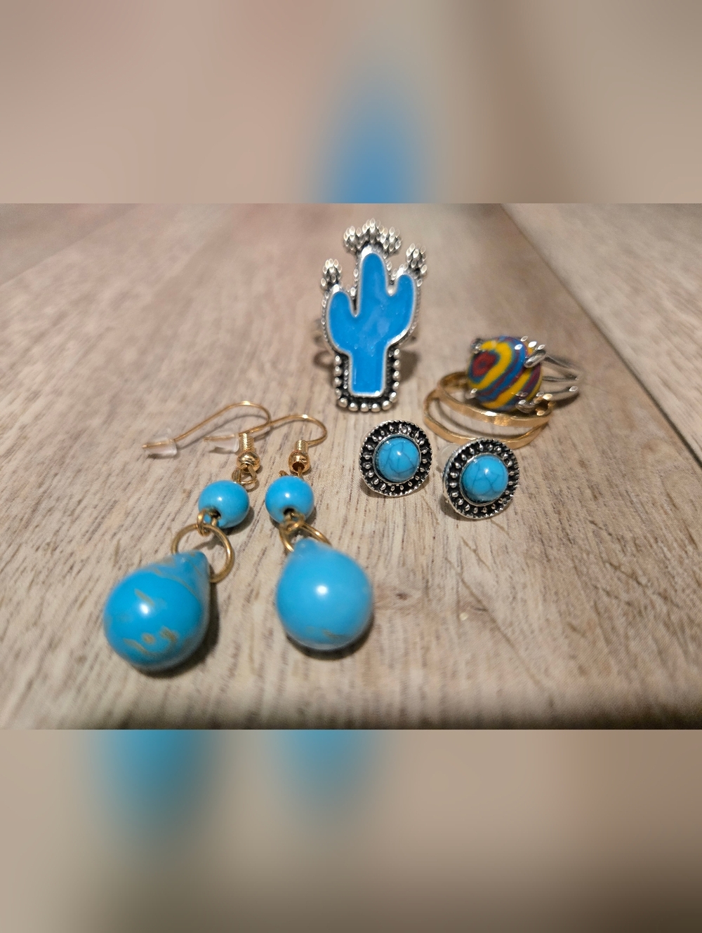 Turquoise Blue Cactus Ring & Earring Set - Women Jewelry